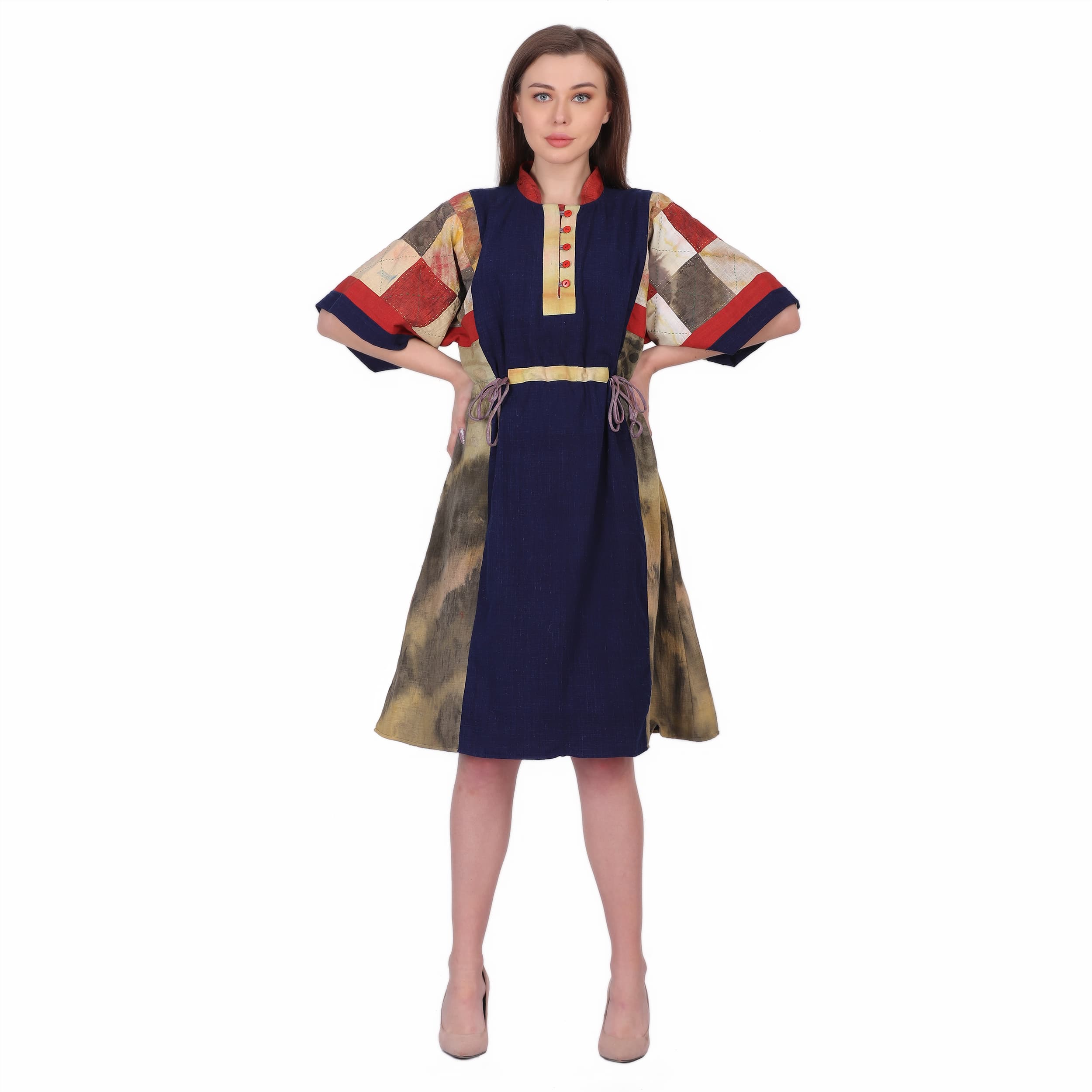 Indigo khadi Loose dress with Patchwork rectangle loose sleeve product photo