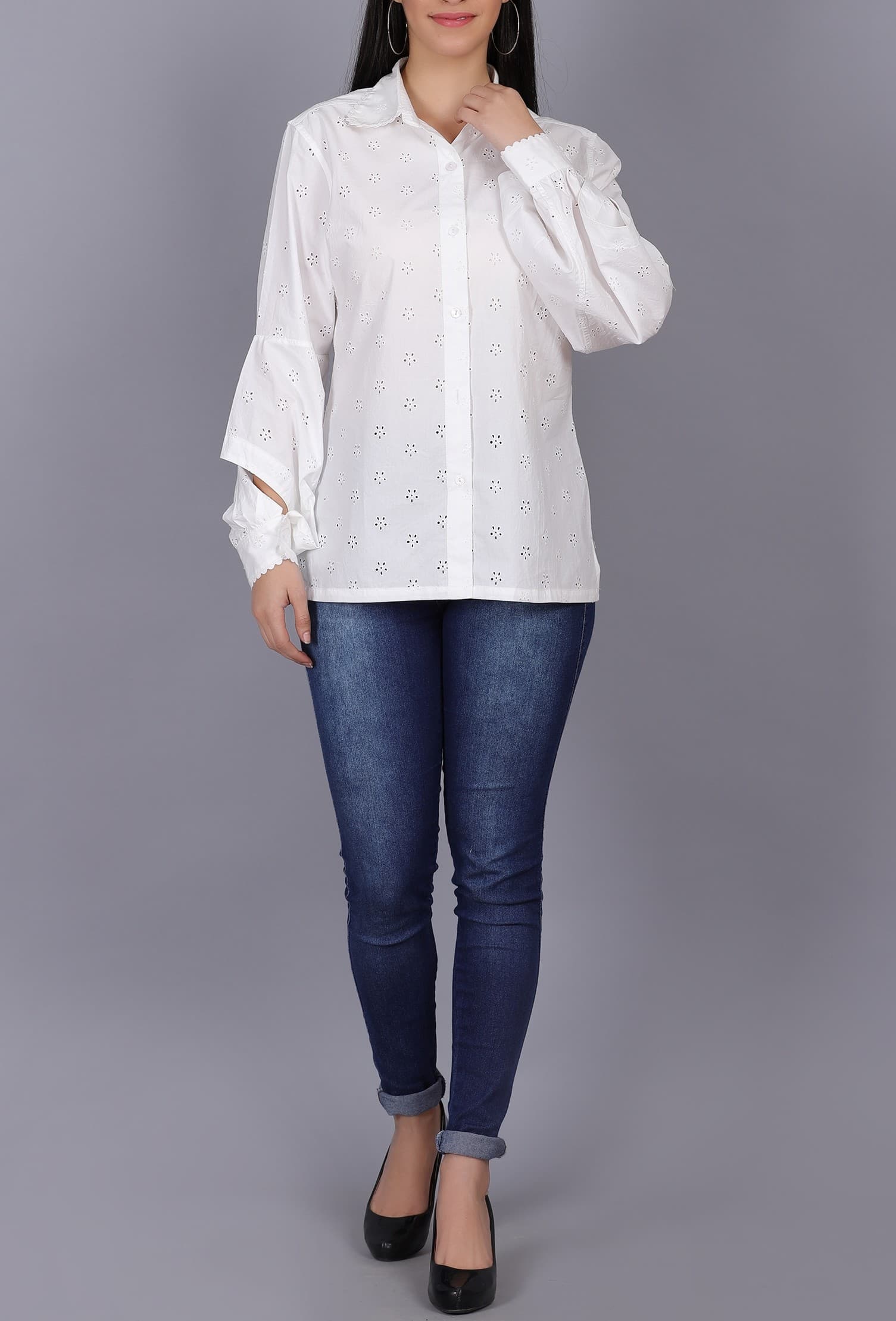 Cotton Schiffli Lace Top with Balloon Sleeves - White - Large product photo