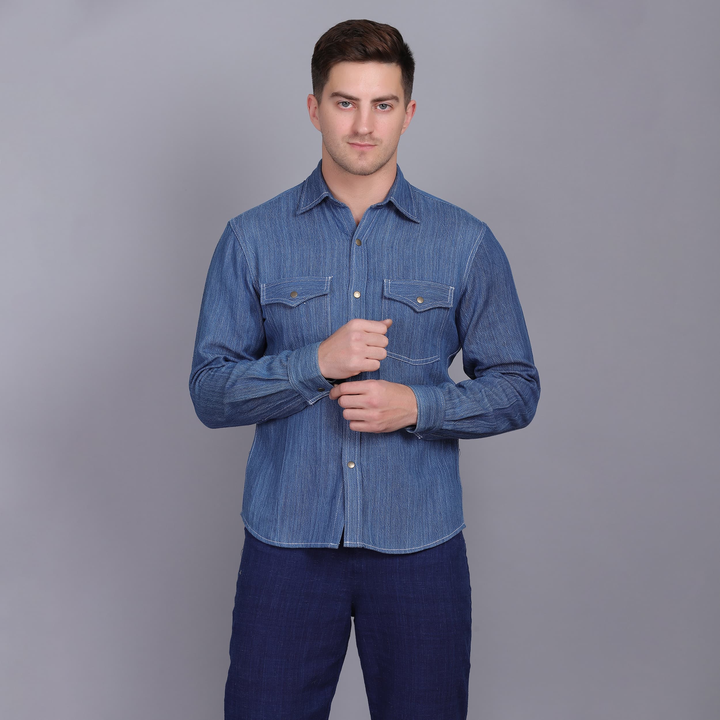 Indigo Light Blue Denim Shirt in Charkha Cotton product photo