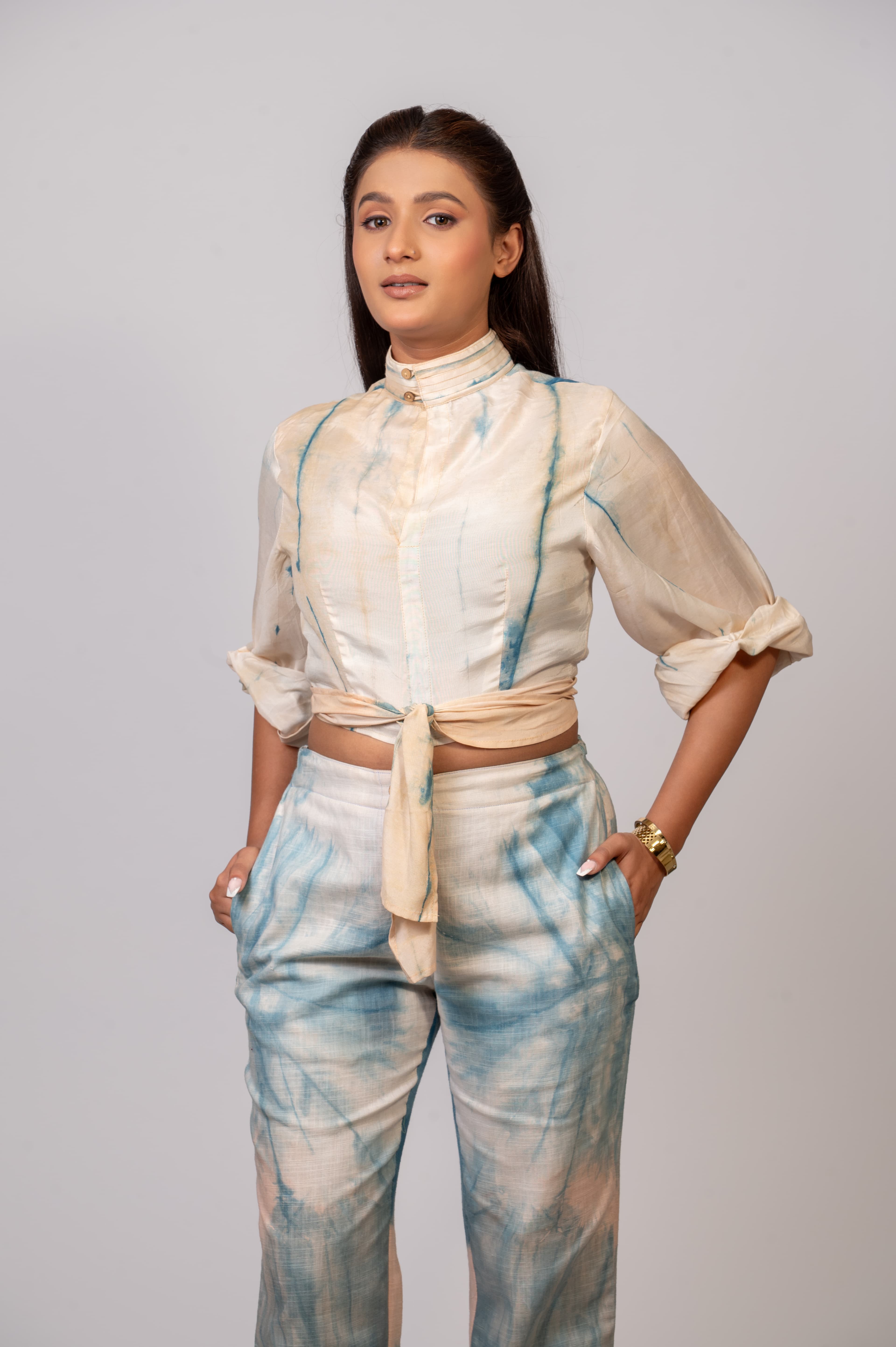 Handdyed Co-ord set - Wrap top and linen pants - Large product photo