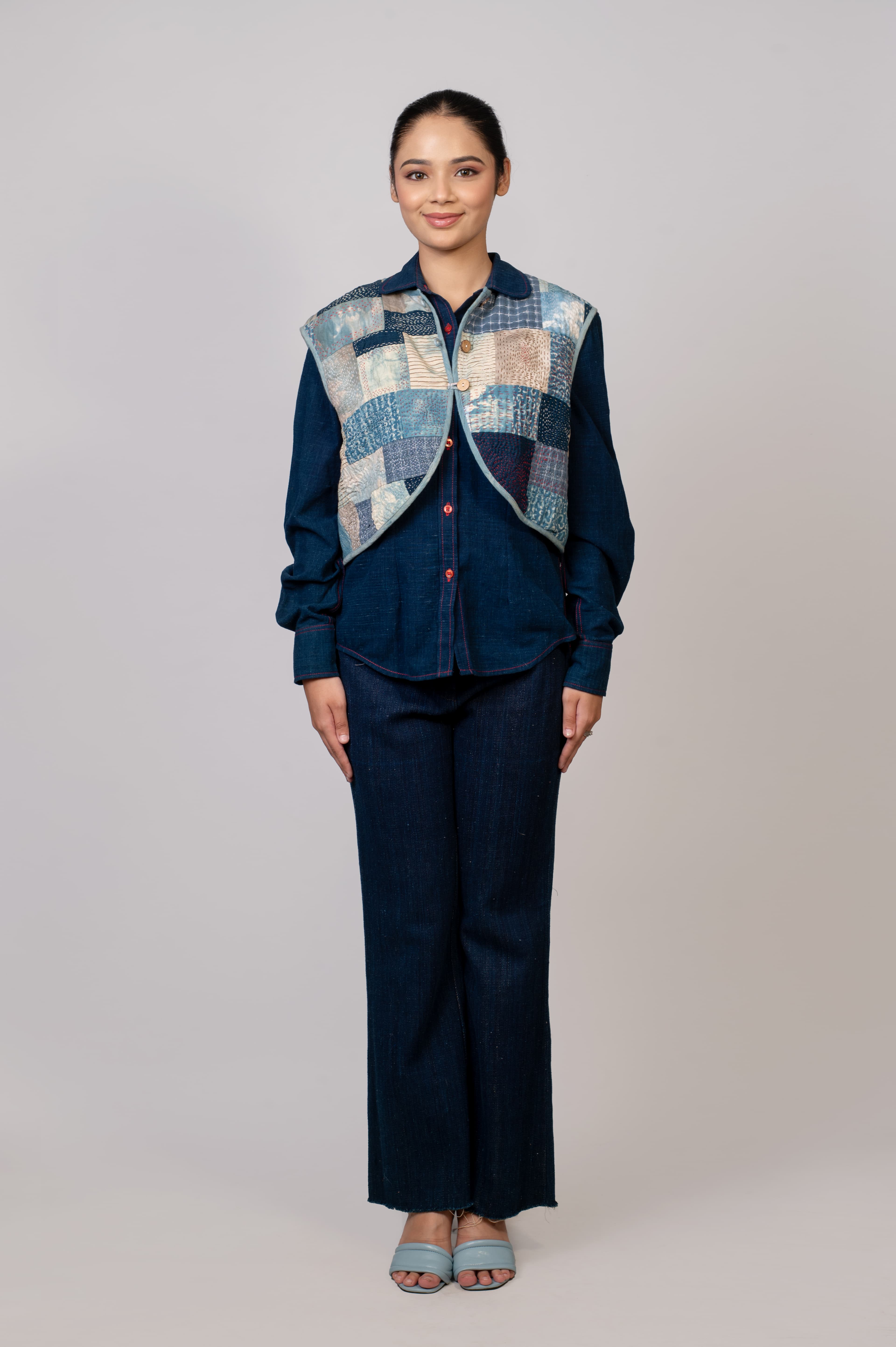 Indigo dyed - Recycled patchwork kantha sleeveless jacket  - Large product photo
