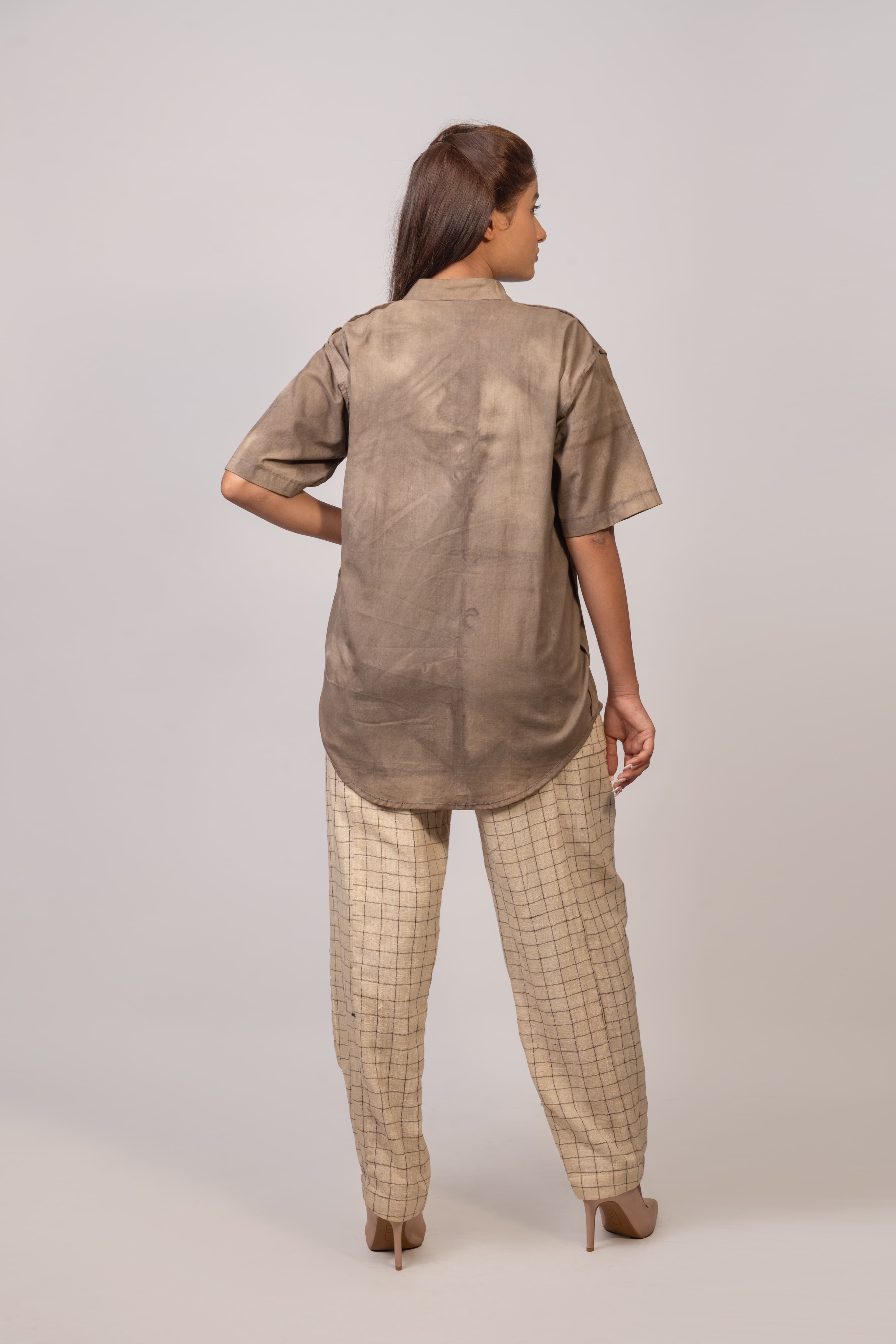 Co-ord set - kala Cotton check pants with hand Dyed khadi cotton shirt  - Large product photo
