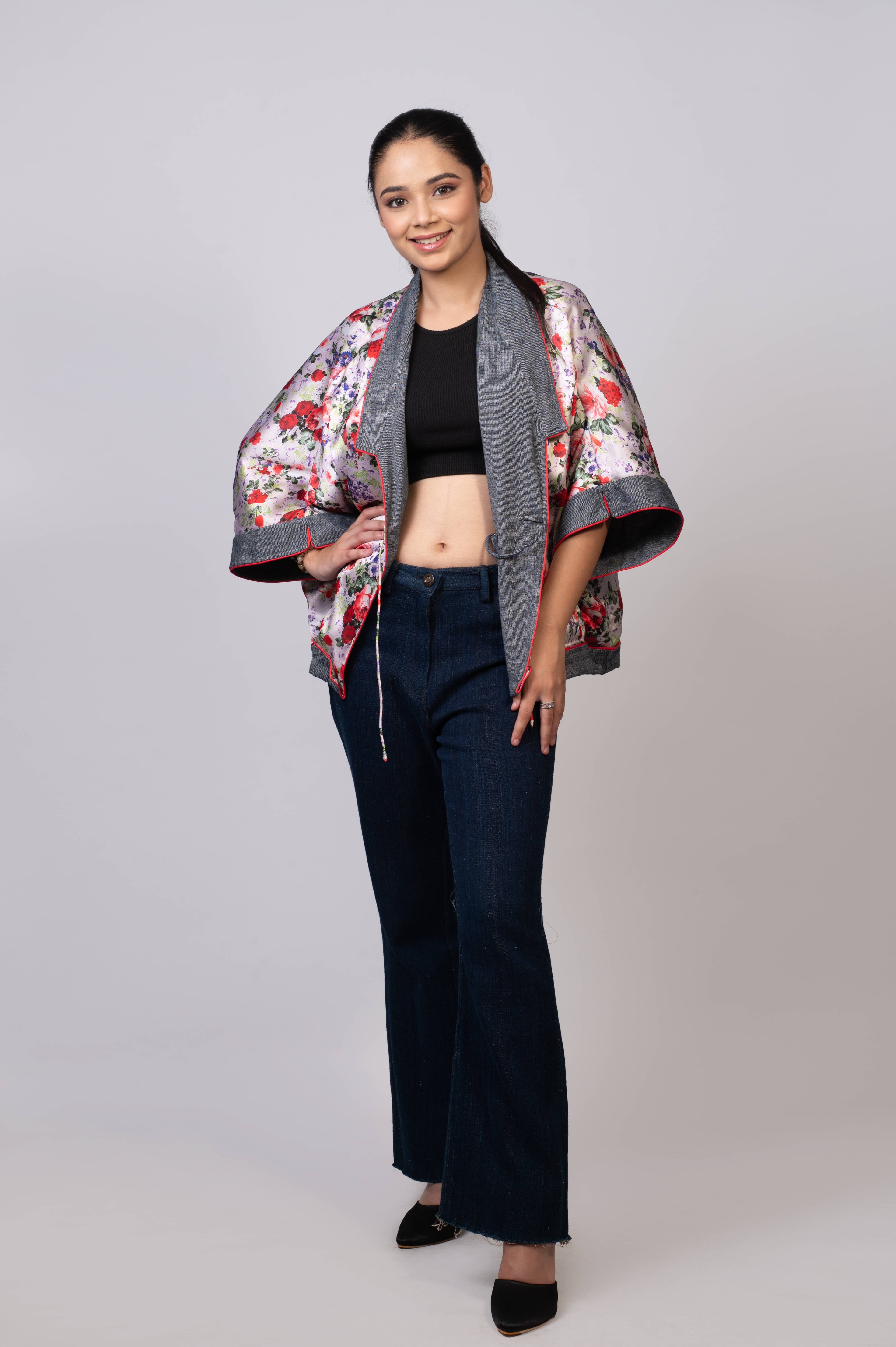 Kimono style Handloom jacket indigo dyed denim - Reversible product photo